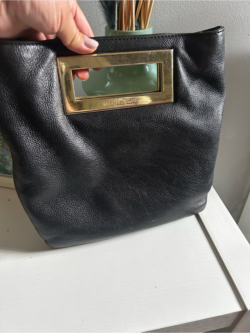 Michael Kors Black Pebbled Leather Clutch with Gold Accent Handle
